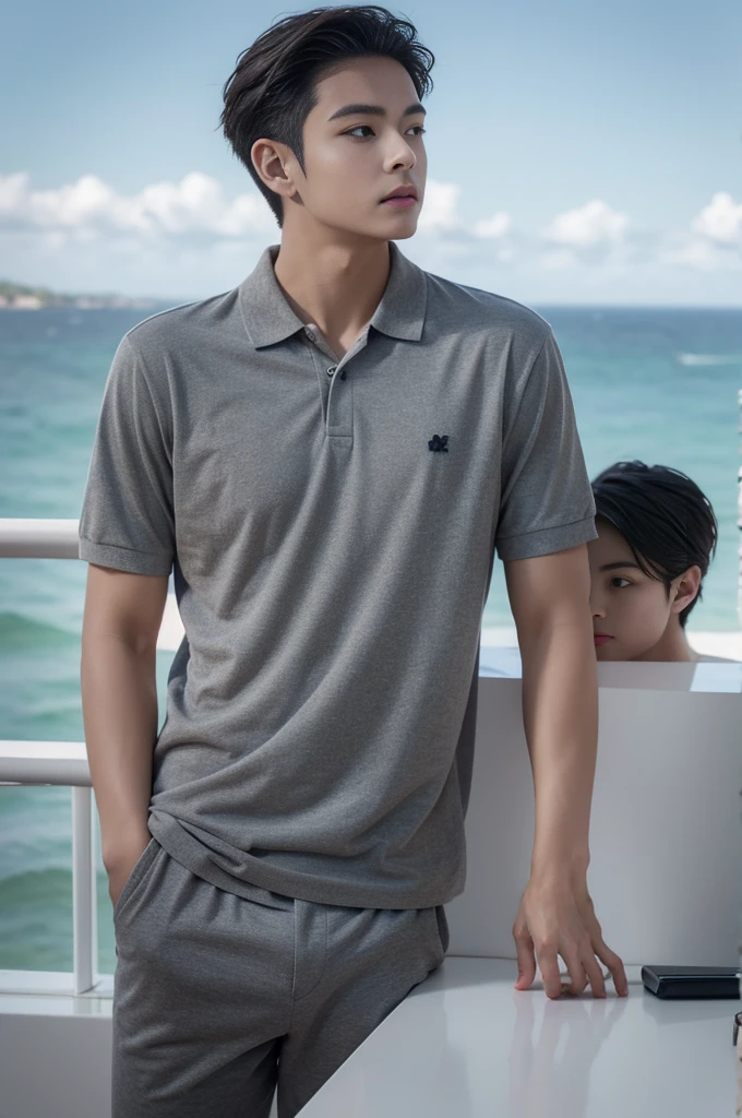 Young man in a gray polo shirt Standing by the sea with an expression, looking into the distance Turn your head slightly.,Cloudy day, coffee shop