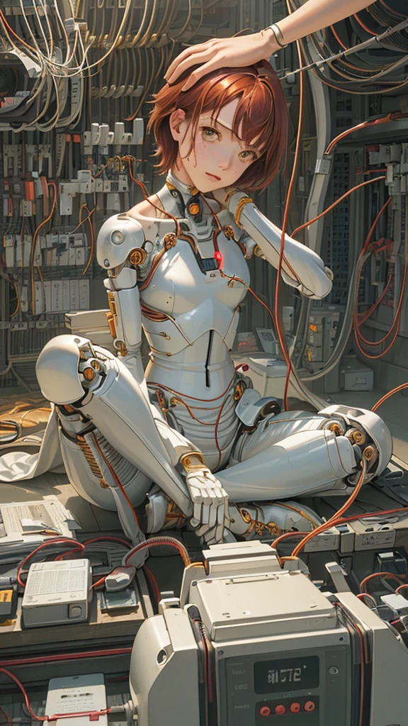 (((masutepiece))), (((Best Quality))), ((Ultra-detailed)), (High Definition CG Illustration), ((extremely delicate and beautiful)),(Cute delicate face),Cinematic Light,((1mechanical girl)),Solo,Full body,(Machine-made joints:1.4),((Mechanically dismembered muscle vessels connected to tubes),(a brain in container:1.3),((mechanical vertebra attaching to the back)),((mechanical cervial attaching to neck)),((Sitting)),deadpan,(wires and cables attaching to head and body:1.5),Small breasts,Short hair, dark red hair, tan skin, yellow eyes, freckles, (Character Focus),Science fiction