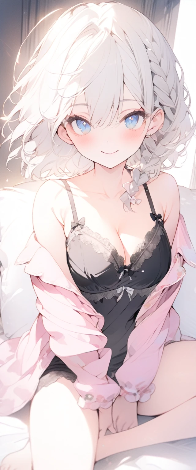 beautiful, masterpiece, Highest quality, anime, One girl,Portrait Shot, View your viewers, Covered、Short Hair、nearby、Blue Eyes、art、White hair,black streaked hair、Thighs、Braid、Bright、smile、、Cleavage、Sitting cross-legged、barefoot、pajamas、pajamasの下_bra