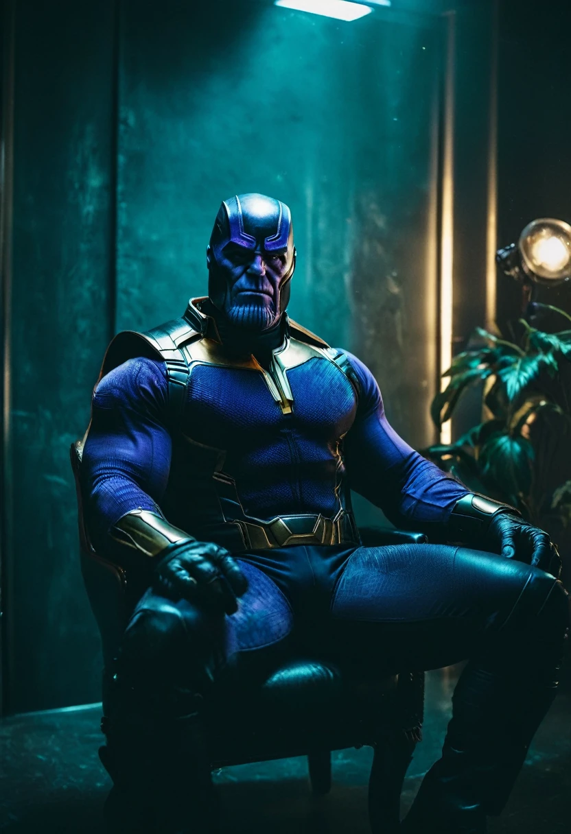 nsfw, futuristic neojungle,strict gangster, boudoir photography, thanos, polaroid, full body,portrait, cinematic film still, shallow depth of field, vignette, highly detailed, high budget, bokeh, cinemascope, moody, epic, gorgeous, film grain, grainy, big .