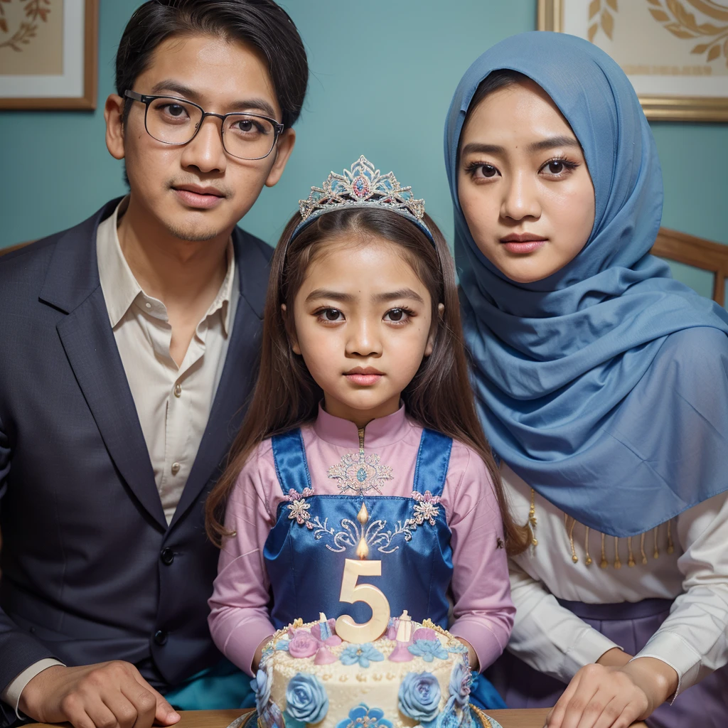 real potrait, full body, longshot, seorang anak kecil perempuan umur 5 tahun rambut panjang memakai pakaian putri frozen, disamping kanannya seorang pria korea rambut pendek memakai kacamata, disamping kirinya seorang wanita memakai hijab, duduk bersama, didepannya ada kue ulang tahun, ada lilin angka 5, ada tulisan "Alma" di kue, background disebuah ruangan, ada ornamen ulang tahun