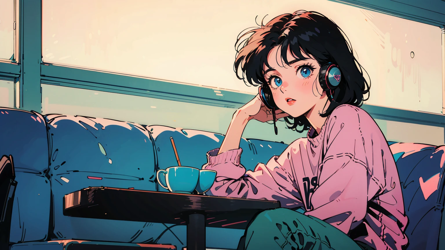 Ghibli movies, 90s, 80s anime, retro anime, pastel colors, moody lighting, high contrast lighting, wide angle shooting, In a trendy urban café, a dressed in casual jeans and a simple top is wearing headphones, focused on the notebook spread out on the table. Her black hair and striking blue eyes stand out, as the bright natural light from the café envelops her