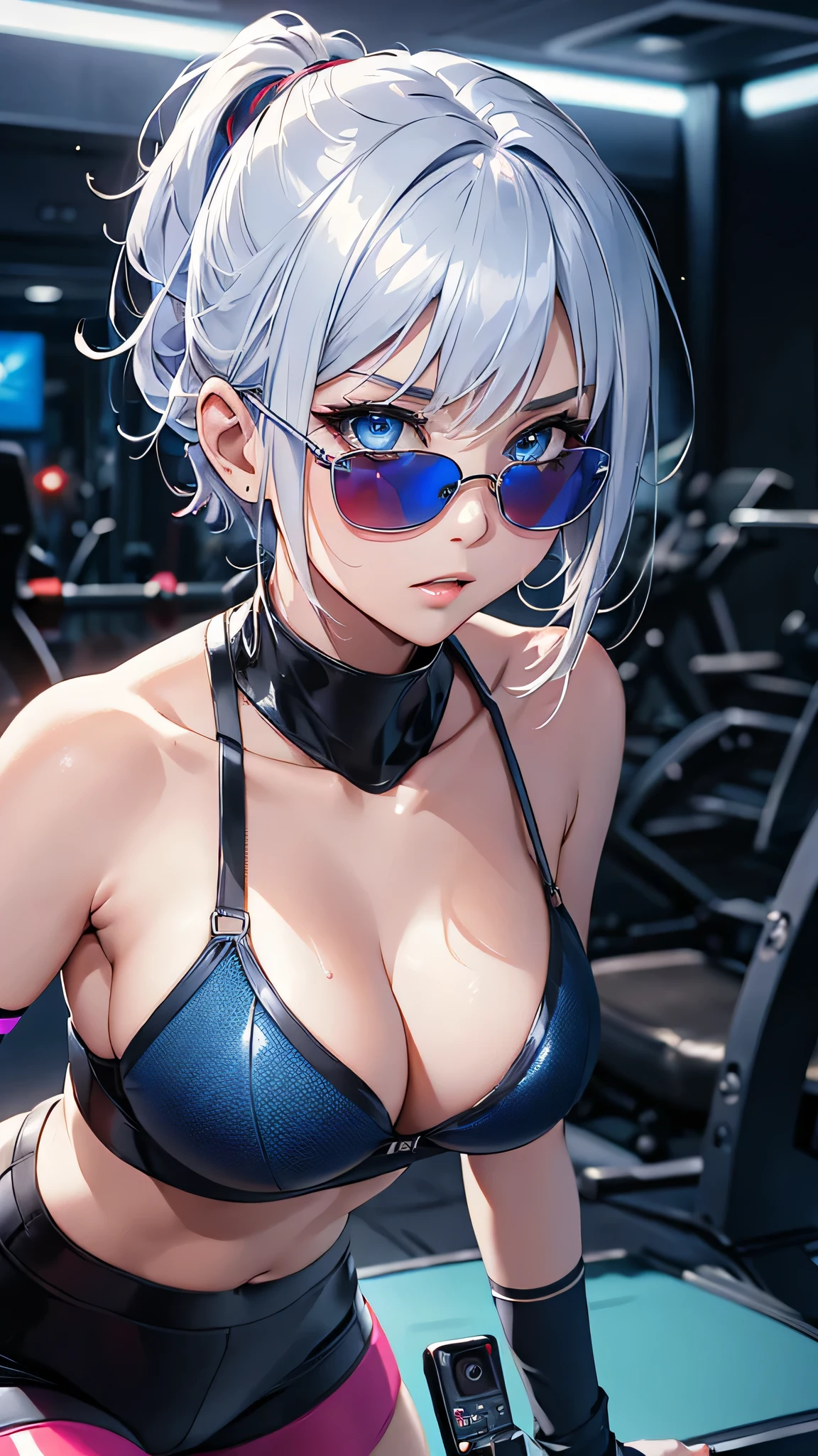 最high quality、Best image quality、masterpiece、With a girl((cute、20-year-old、Best Bust、Medium Bust、Bust 85,Beautiful Blue Eyes、Spread your chest wide,Short silver hair、Slender、The best valley、、Blue Bikini、,Show the whole body、Black perforated gloves,Blue Mesh,lure、Leaning forward greatly、Blue Sports Sunglasses、Blue Intercom,Sweating profusely、Ride a machine bike)）high quality、Beautiful art、background((Black Studio、Red lighting、blue laser light、Gym)),Tabletop、Exquisite design、Visual Arts、Depth of written boundary、Best lighting、Highest detail、8ｋ