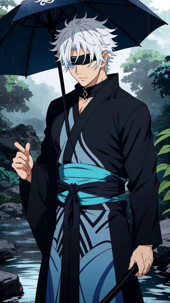 Menerjemahkan teks dengan kamera
a handsome and sexy male character with blue eyes, curly white hair, a black cloth as a blindfold, named "GOJO SATORU" wearing a kimono, pitch black, standing in the falling rainwater while holding an umbrella, with the effect of . 8k realistic HDR and a collection of bright blue butterflies.