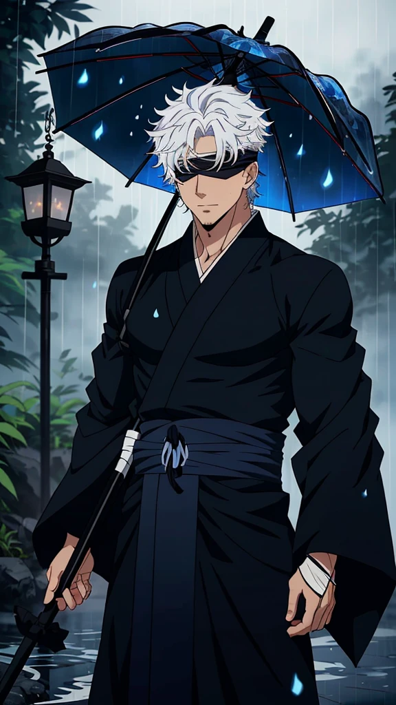 Menerjemahkan teks dengan kamera
a handsome and sexy male character with blue eyes, curly white hair, a black cloth as a blindfold, named "GOJO SATORU" wearing a kimono, pitch black, standing in the falling rainwater while holding an umbrella, with the effect of . 8k realistic HDR and a collection of bright blue butterflies.