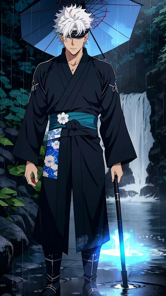 Menerjemahkan teks dengan kamera
a handsome and sexy male character with blue eyes, curly white hair, a black cloth as a blindfold, named "GOJO SATORU" wearing a kimono, pitch black, standing in the falling rainwater while holding an umbrella, with the effect of . 8k realistic HDR and a collection of bright blue butterflies.