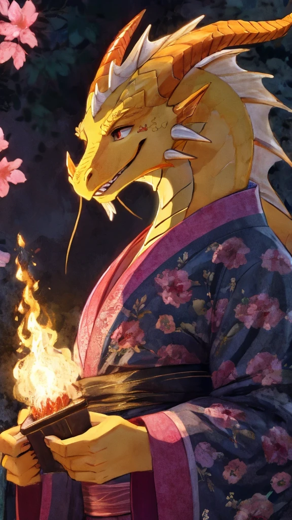 Dragon personification、Yellow scales、Bright expression、Long dragon whiskers、Dressed in kimono