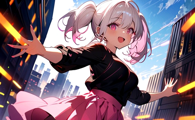 1girl, white hair, short twintails, extremely happy, cheerful, pink eyes, wearing plain black shirt, pink skirt, black leggings, city, absurdres, high res, ultrasharp, 8K, masterpiece, looking at viewer, no hat, holding orange glowsticks in hands, 