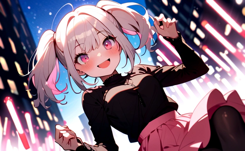 1girl, white hair, short twintails, extremely happy, cheerful, pink eyes, wearing plain black shirt, pink skirt, black leggings, city, absurdres, high res, ultrasharp, 8K, masterpiece, looking at viewer, no hat, holding orange glowsticks in hands, 