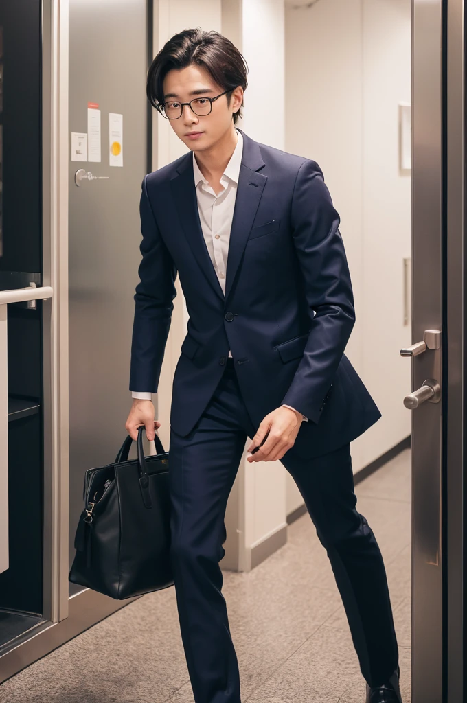 Man leaving the door。Skipping around in a suit