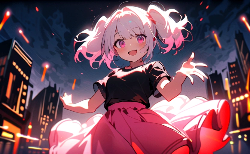 1girl, white hair, short twintails, extremely happy, cheerful, pink eyes, wearing plain black shirt, pink skirt, black leggings, city, absurdres, high res, ultrasharp, 8K, masterpiece, looking at viewer, no hat, holding orange glowsticks in hands,