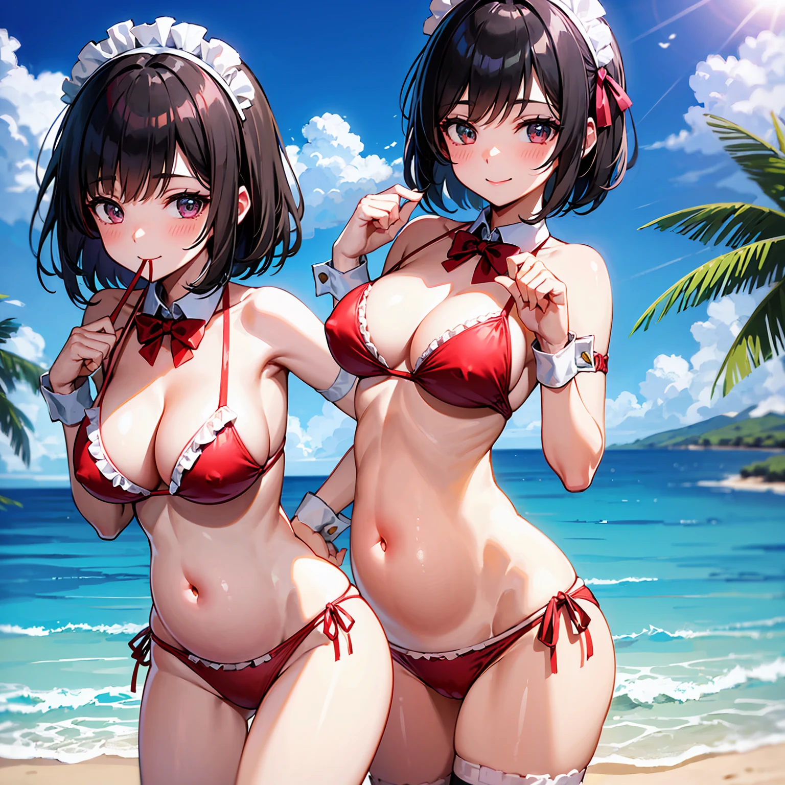 1 girl, solo, breasts, looking at viewer, blushing, smiling, short hair, bangs, black hair, ribbon, belly button, cleavage, jewelry, need big breasts, mouth closed, swimsuit, bikini, cowboy shot, outdoors, frills, sky, daytime, clouds, hands up, bow tie, belly, red ribbon, blue sky, hands on hips, wrist cuffs, maid, maid's headdress, thigh straps, detached collar, underbust, side-tie bikini bottoms, ocean, beach, sunlight, red bow tie, frilly bikini, sun, pink bikini, bridal garter, maid bikini, pregnant woman,