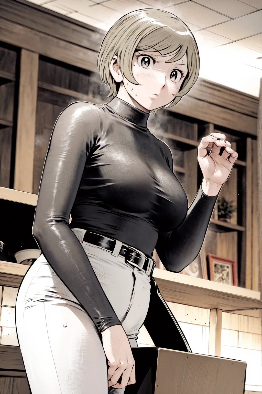 、(masterpiece、Highest quality)、Highest quality, Ultra-high resolution, (((masterpiece))), alone, Sweat、Big eyes,Tight black shirt、Tight white pants、belt、indoor、Composition from the front、(Cut the back hair short、short hair、blonde、woman)、Shortcuts、Embarrassed face、Cut your hair short、可愛いwomanの子、Big Breasts、office
