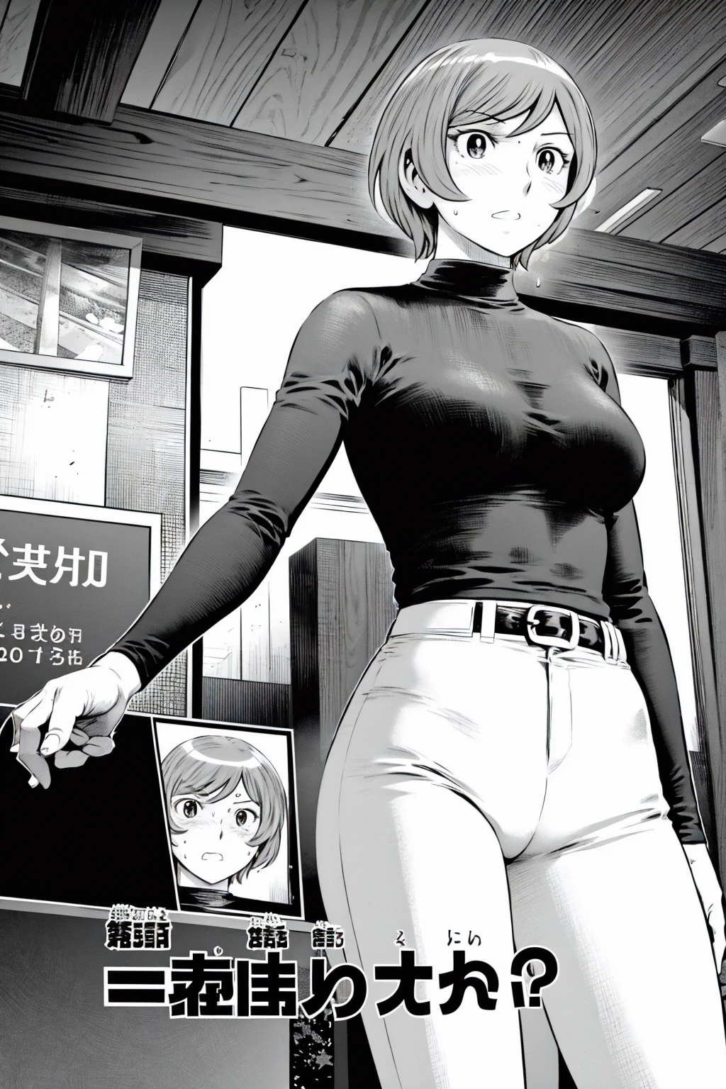 、(masterpiece、Highest quality)、Highest quality, Ultra-high resolution, (((masterpiece))), alone, Sweat、Big eyes,Tight black shirt、Tight white pants、belt、indoor、Composition from the front、（Cut the back hair short、short hair、blonde、woman）、Shortcuts、Embarrassed face、Cut your hair short、可愛いwomanの子、Big Breasts、office