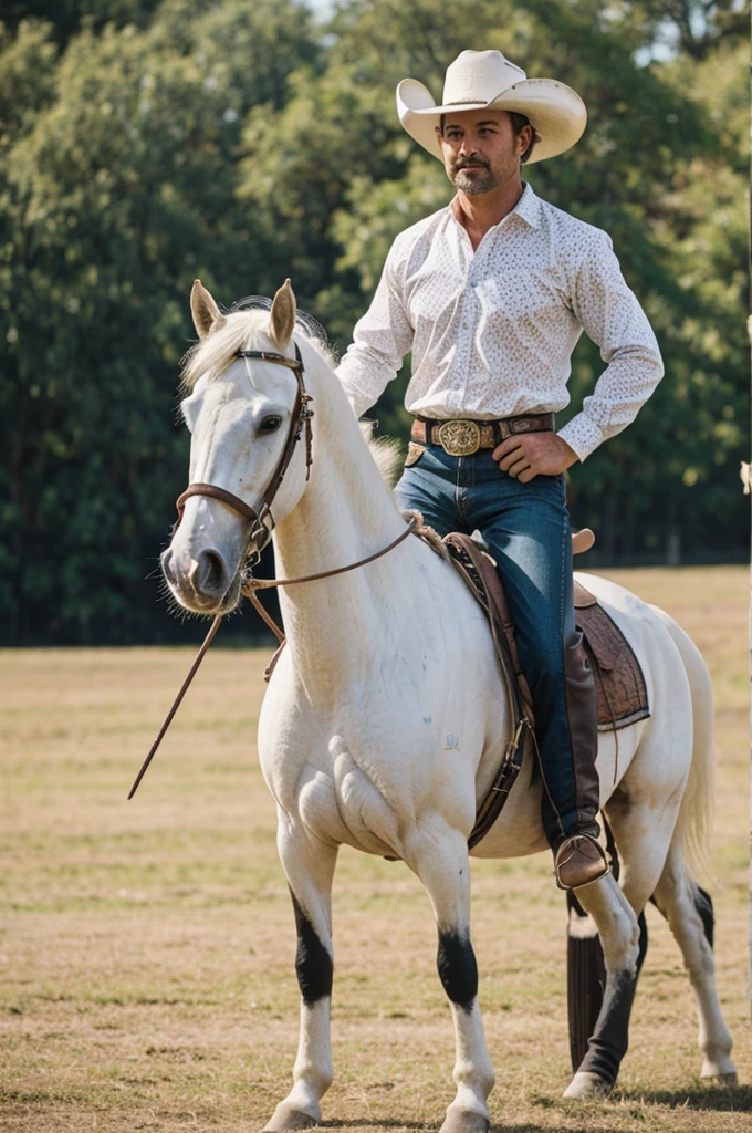 man wearing cowboy outfit standing before a white horse