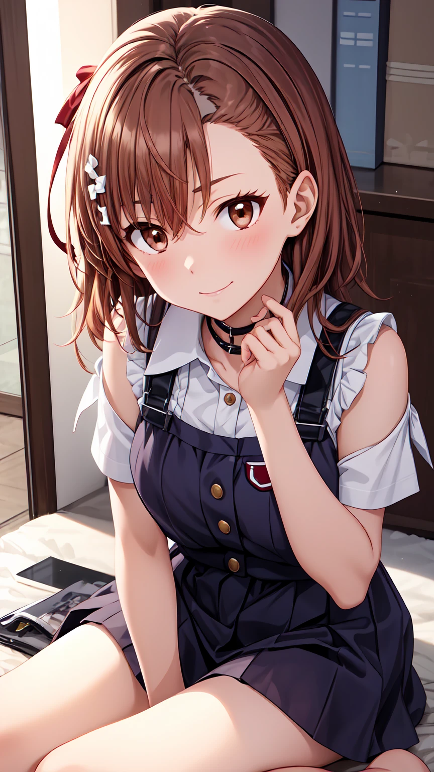 Misaka Mikoto's Anime View, One girl, Girl, cute, alone, Chestnut Hair, hairpin,Brown eyes, Are standing, View your viewers,smile,,Anime Style, Student uniform++ mini skirt