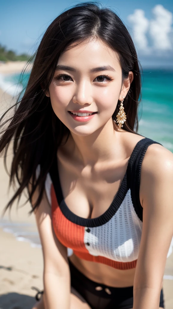 Highest quality, shape, Very detailed, finely, High resolution, 8k wallpaper, Perfect dynamic shape, Beautiful and detailed, Straight hair, Small breasts, Natural color lip, Random sexy poses,The best smile,30 year old adult beauty、Daytime、Beautiful and elaborate face、Perfect and beautiful face,Big eyes、RAW Photos、Expressing feminine poses with the whole body、Beautiful and detailed、Small face、Beautiful Duplex、Slim face and figure,Bright expression,Shooting with a focus on beautiful legs,White summer knitwear、Surf Casual、Summer clothes、Indonesia、bali、coastal、Beach