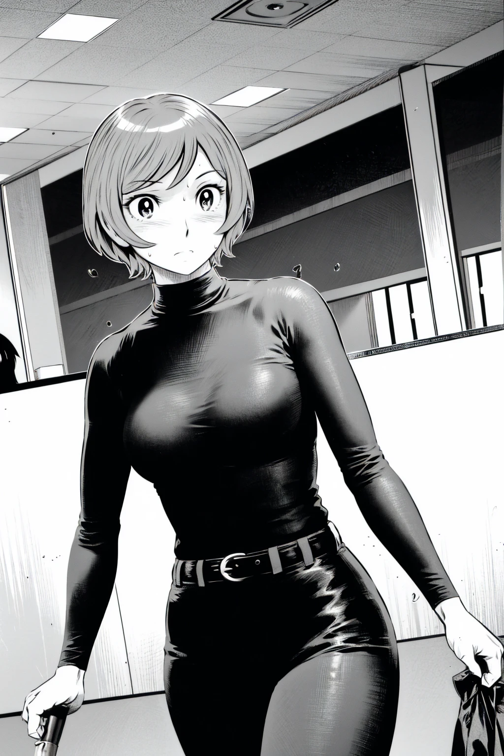 、(masterpiece、Highest quality)、Highest quality, Ultra-high resolution, (((masterpiece))), alone, Sweat、Big eyes,Tight black shirt、Tight white pants、belt、indoor、Composition from the front、(Cut the back hair short、short hair、blonde、woman)、Shortcuts、Embarrassed face、Cut your hair short、可愛いwomanの子、Big Breasts、office
