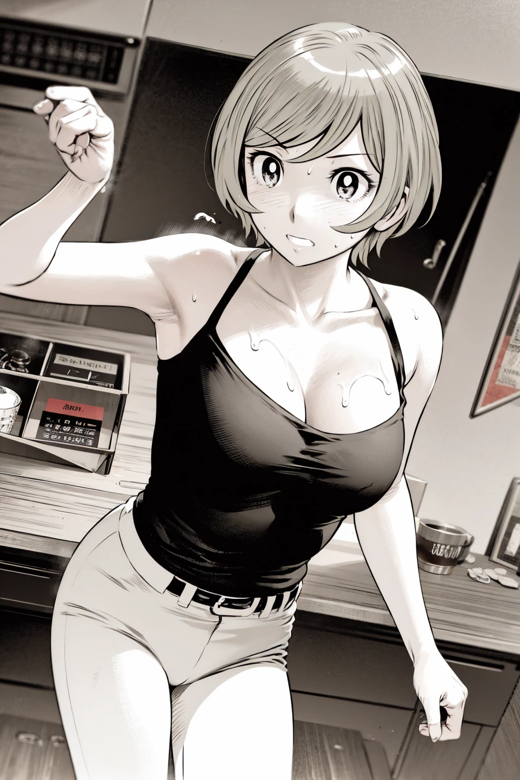 、(masterpiece、Highest quality)、Highest quality, Ultra-high resolution, (((masterpiece))), alone, Sweat、Big eyes,Tight black shirt、Tight white pants、belt、indoor、Composition from the front、(Cut the back hair short、short hair、blonde、woman)、Shortcuts、Embarrassed face、Cut your hair short、可愛いwomanの子、Big Breasts、office