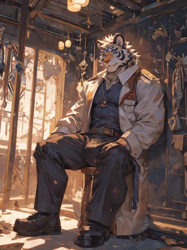 {{bara extremely handsome white tiger,}} {{white fur,}} white, wearing military like purple trench coat, purple trousers, white dress shirt and necktie, white fluffy furry body and limbs, loafers, very tall, very broad shoulders, narrow waist, muscular arms, massive pecs, purple eyes, very long legs, sitting on swivel chair with legs spread, perspective, massive bulge, reading file, sophisticated hot look, sexy pose, full body, sunlight casting over, 3/4 view, best quality, high quality, silver earring on left ear, sultry smirk
