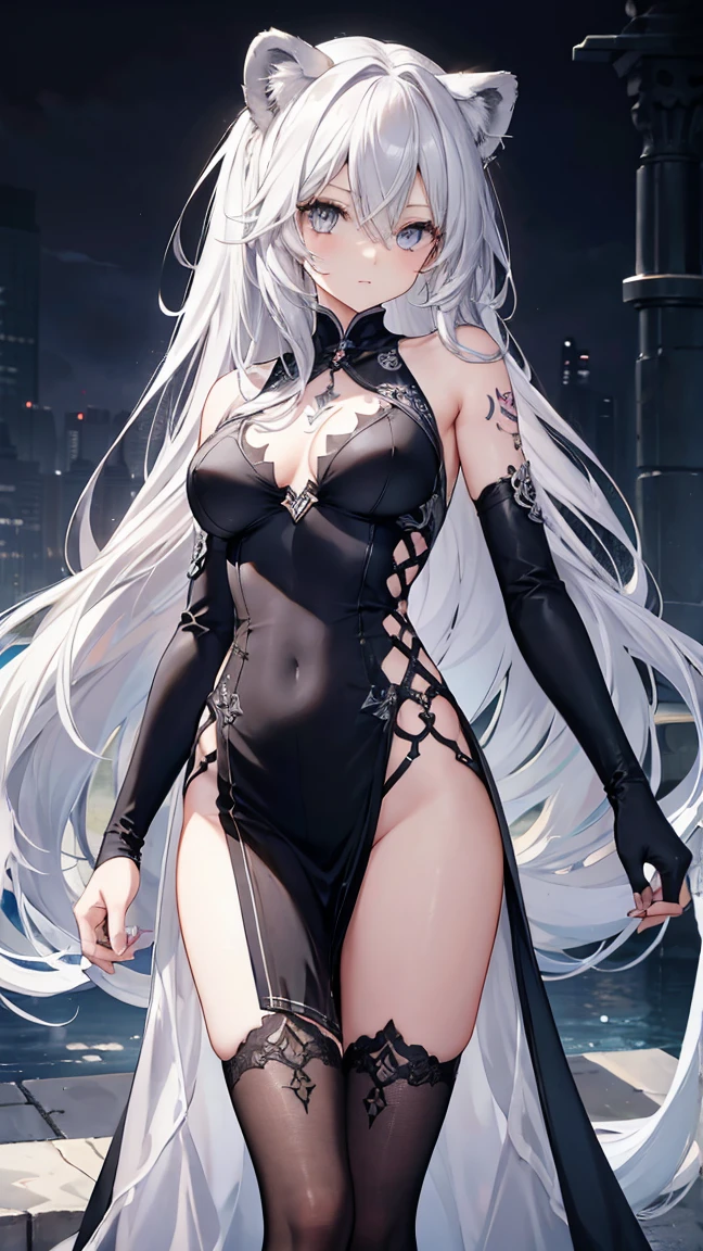 High resolution、Girl、Silver Hair、Long Hair,(),Lion ears、Grey Eyes、Slender、Toned body、knight,,Tattoo,