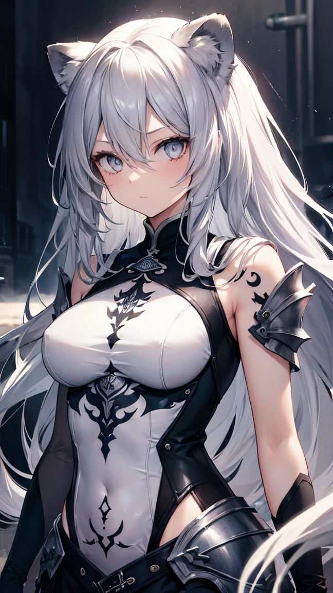 High resolution、Girl、Silver Hair、Long Hair,(),Lion ears、Grey Eyes、Slender、Toned body、knight,,Tattoo,