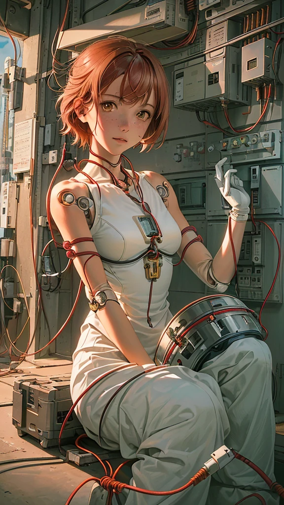 (((masutepiece))), (((Best Quality))), ((Ultra-detailed)), (High Definition CG Illustration), ((extremely delicate and beautiful)),(Cute delicate face),Cinematic Light,((1mechanical girl)),Solo,Full body,(Machine-made joints:1.4),((Mechanically dismembered muscle vessels connected to tubes),(a brain in container:1.3),((mechanical vertebra attaching to the back)),((mechanical cervial attaching to neck)),((Sitting)),deadpan,(wires and cables attaching to head and body:1.5),Small breasts,Short hair, dark red hair, tan skin, yellow eyes, freckles, (Character Focus),Science fiction