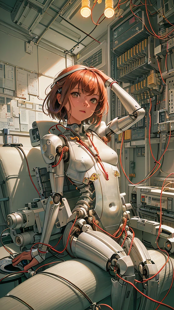 (((masutepiece))), (((Best Quality))), ((Ultra-detailed)), (High Definition CG Illustration), ((extremely delicate and beautiful)),(Cute delicate face),Cinematic Light,((1mechanical girl)),Solo,Full body,(Machine-made joints:1.4),((Mechanically dismembered muscle vessels connected to tubes),(a brain in container:1.3),((mechanical vertebra attaching to the back)),((mechanical cervial attaching to neck)),((Sitting)),deadpan,(wires and cables attaching to head and body:1.5),Small breasts,Short hair, dark red hair, tan skin, yellow eyes, freckles, (Character Focus),Science fiction