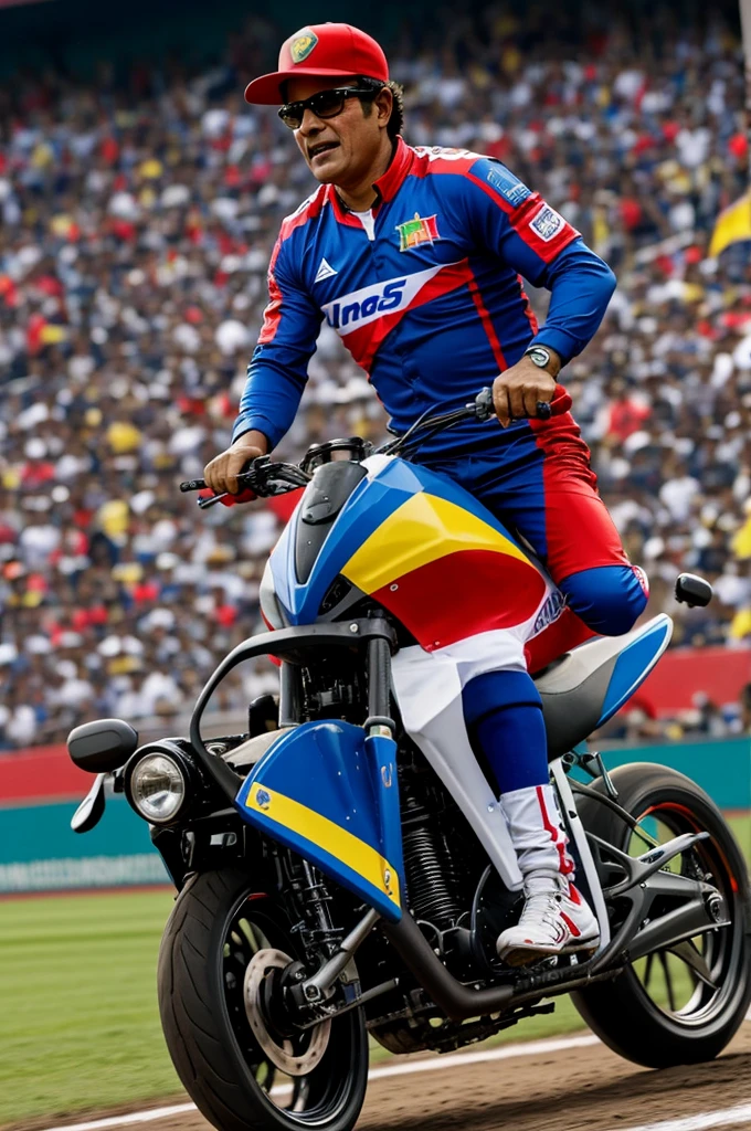 Simón Bolívar with cycling glasses and a cap from the Venezuelan baseball team on an SBR Bera motorcycle raising a wheelie in a soccer stadium