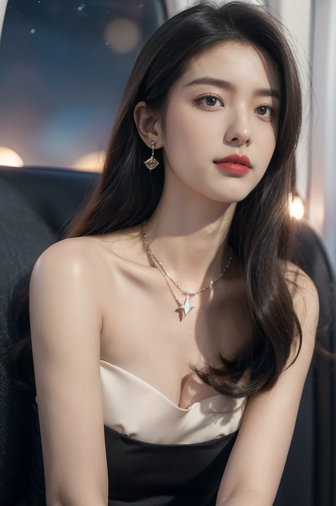 (((best quality))),(((ultra detailed))),(((masterpiece))),illustration,(a beautiful girl,female passenger,solo),(parted red lips),((slim,thin,small breasts,flat chest)),((earrings,crystal necklace)),summer night,((in airplane,economy class,indoor)),((strapless bra)),(shoulder length straight bob hair:1.2),stars,moonlight,smooth flight,engine sound,lullaby,relaxed,excited,laughing,visiting family,comfortable seats,soft fabric,headrests,adjustable,beauty of night sky,dimmed lights,sleeping passengers,movies,personal screens,staying awake,magic of sky,joy of being with family,memorable journey,adventures,(surrounded by crowded crowds:1.3),(Outside the window is high-altitude night view:1.2),((from front,close-up of face))