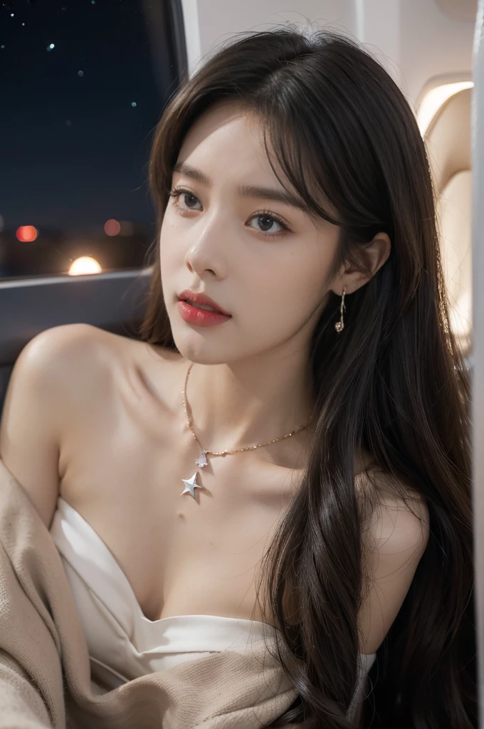 (((best quality))),(((ultra detailed))),(((masterpiece))),illustration,(a beautiful girl,female passenger,solo),(parted red lips),((slim,thin,small breasts,flat chest)),((earrings,crystal necklace)),summer night,((in airplane,economy class,indoor)),((strapless bra)),(shoulder length straight bob hair:1.2),stars,moonlight,smooth flight,engine sound,lullaby,relaxed,excited,laughing,visiting family,comfortable seats,soft fabric,headrests,adjustable,beauty of night sky,dimmed lights,sleeping passengers,movies,personal screens,staying awake,magic of sky,joy of being with family,memorable journey,adventures,(surrounded by crowded crowds:1.3),(Outside the window is high-altitude night view:1.2),((from front,close-up of face))