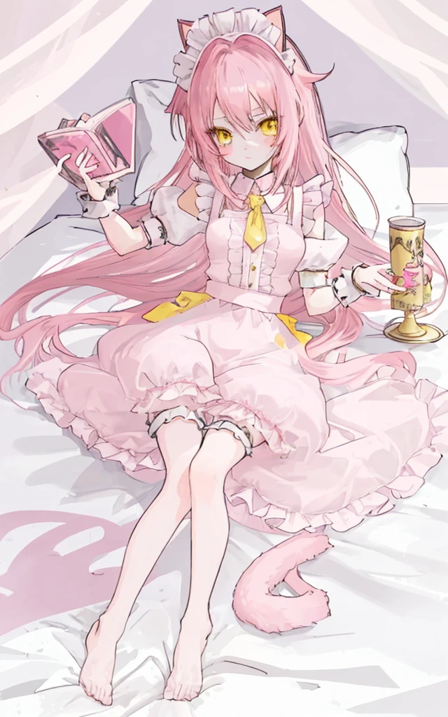 cute anime girl with long pink hair and yellow eyes, on bed, a cup size, short height, slim body, wearing maid outfit and cat headband.