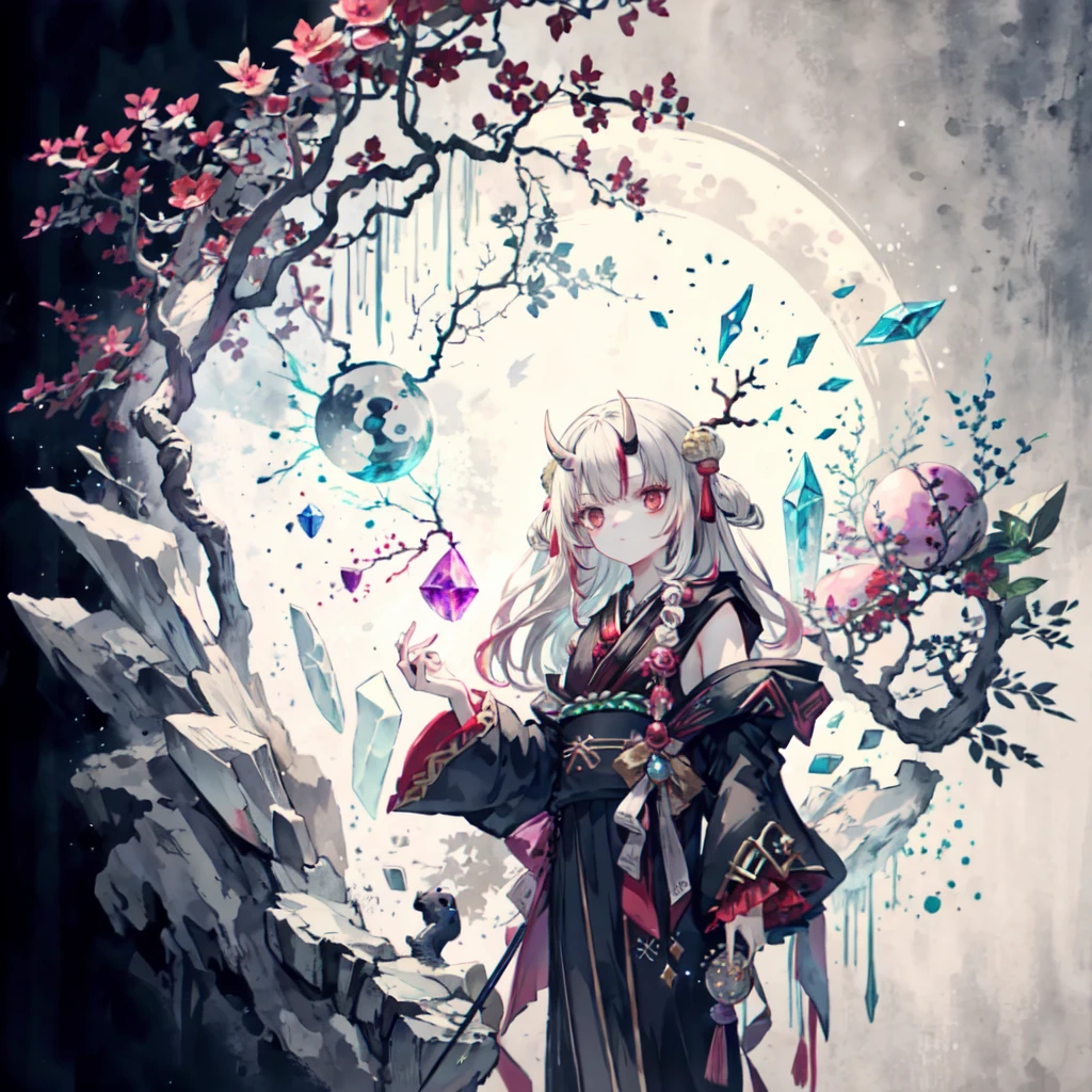 cold shades，Girl with antlers，Dressed in black robes，Diviner，Hold the crystal ball in the palm of your hand，Ice in the background，Temperament is mysterious，Under the crystal ball, only one right hand is supported，Holding a staff in his left hand, he is gathering ice elements