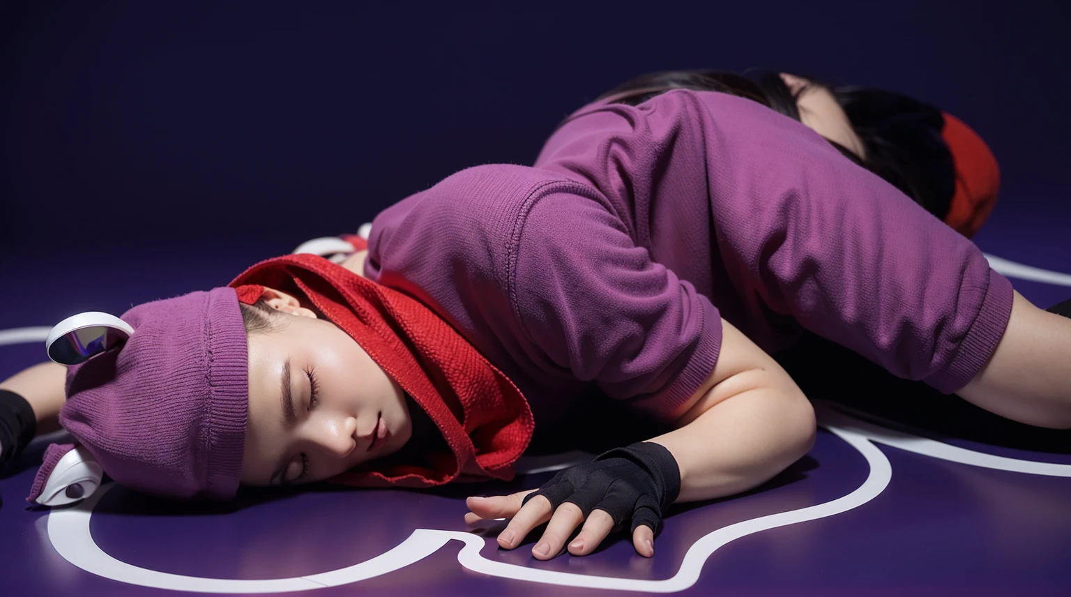 This image features a handsome, muscular, dark-skinned young man dressed in a raccoon costume. He is lying down with his eyes closed, wearing a vibrant purple outfit that includes a purple shirt and shorts. He also has a red scarf around his neck and a purple beanie hat with gray ears attached. His face is painted with black around the eyes and nose to mimic a raccoon's mask, and he is wearing black fingerless gloves. His beautiful dark skin adds to the striking appearance of his playful and whimsical costume. мультяшный рендеринг ключевого кадра, милый 3D рендеринг,,Create ultra sharp glossy цветной рендеринг zbrush. perfect cgi, cgi art created only with gradients, smooth silhouette, Create ultra sharp skin, high intensity refraction, (plastic material), most beautiful vfx, blue background, plastic refractions, glossy texture, smooth 3d model, multiple light sources, rim light, sharp post effects render, (glossy plastic texture with multiple big light probe refractions), perfect cgi, cgi art created only with gradients, smooth silhouette, high intensity refraction, (plastic material), most beautiful vfx, blue background