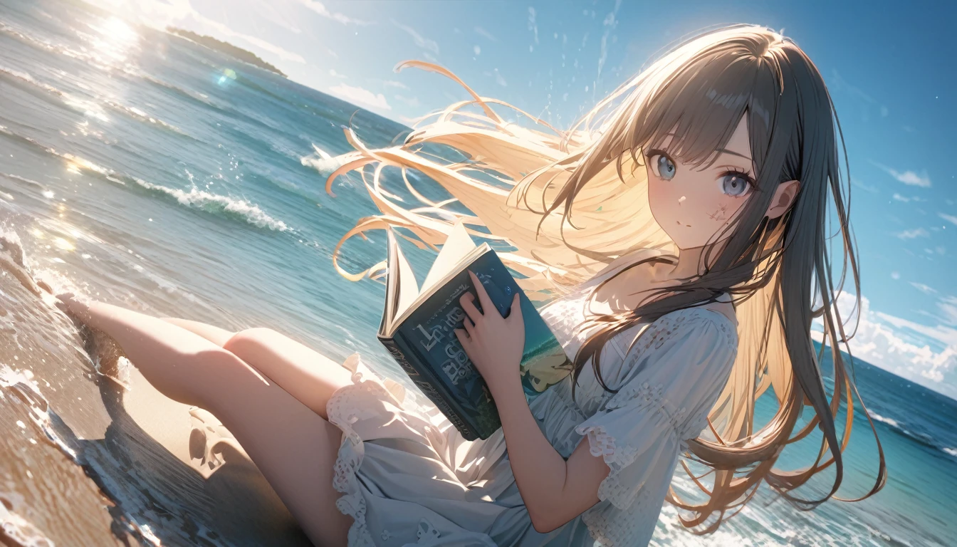 Angelic, One Girl, Black and long straight hair, Sharp Hair, Facial Contour, Remember, , At the Beach, splash, Lens flare, noon, bright, Natural Color, High resolution, Very delicate, Very detailed, 8K,I have a book,Ocean,Tropical atmosphere