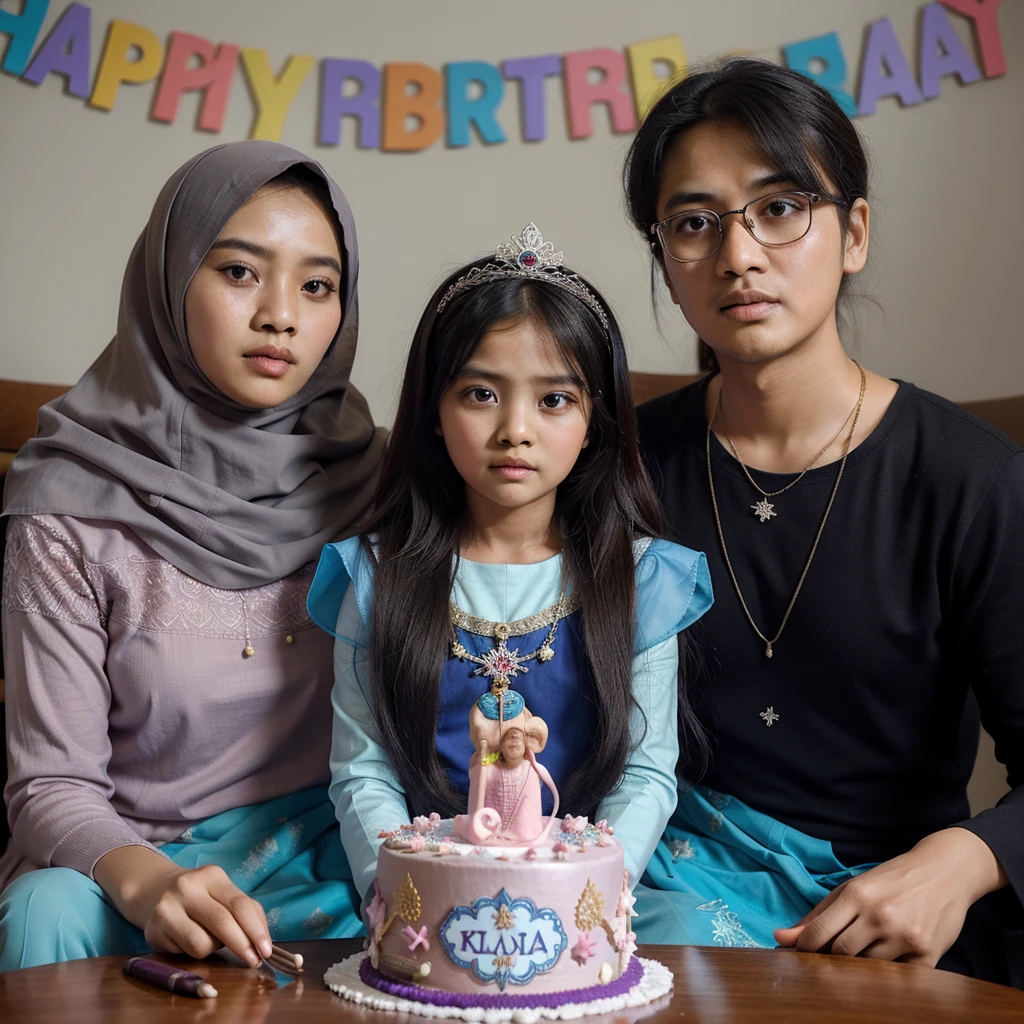 real potrait, full body, longshot, seorang anak kecil perempuan umur 5 tahun rambut panjang memakai pakaian putri frozen, disamping kanannya seorang pria korea rambut pendek memakai kacamata, disamping kirinya seorang wanita memakai hijab, duduk bersama, didepannya ada kue ulang tahun, ada lilin angka 5, ada tulisan "Alma" di kue, background disebuah ruangan, ada ornamen ulang tahun