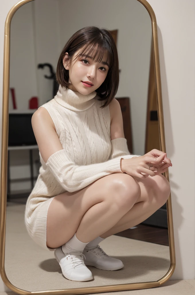 Highest quality　masterpiece　8K Ultra-detailed Face　Blonde　Full body photo　Cute pose　Sexy Photos　Focus on the face　Professional Lighting　Vivid Photos　Ecstatic expression Sex appeal　Glossのある濡れたカラスの毛　Gloss　Cute and sly　Droopy eyes　Absurd　Heavy bangs　A wide variety of skin tones　White sweater dress　Thighs　Selfie　turtleneck　Thighs　Mirror photo　Reflected in the mirror　No sleeve　Sleeveless sweater　squat　Get on your knees