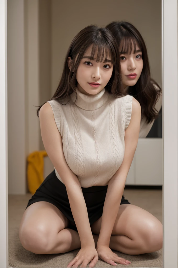 Highest quality masterpiece 8K Ultra-detailed Face Blonde Full body photo Cute pose Sexy Photos Focus on the face Professional Lighting Vivid Photos Ecstatic expression Sex appeal Glossのある濡れたカラスの毛 Gloss Cute and sly Droopy eyes Absurd Heavy bangs A wide variety of skin tones White sweater dress Thighs Selfie turtleneck Thighs Mirror photo Reflected in the mirror No sleeve Sleeveless sweater squat Get on your knees
