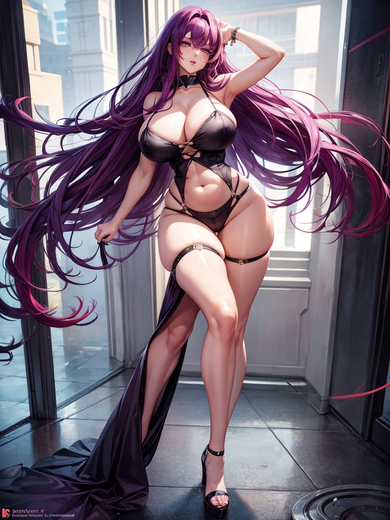 1 girl, red-purple hair, very long hair, violet eyes, beautiful eyes, big eyes, big lips, glossy lips, very curvy body, big breasts, long legs, big butt, wide hips, thick thights, thick, defined image, seductive gaze, lingerie, sexy, masterpiece, best quality, 8K, UHD, ultra detailed, ,sexy pose, full body
