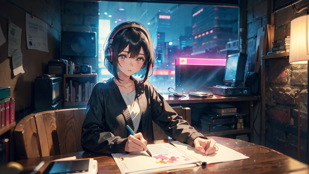A very detailed beautiful woman, Perfect face,Black Hair, bob cut,Bangs, Gray eyes, Super detailed, Retro Wave , Wearing headphones, Studying in the room, Neon scenery on rainy day,Simulate color themes, Lo-fi hip-hop , Retrospective, flat, 2.5 days ,draw a line, digital ink painting, The slope is great, watercolor, Gush Nucleus, Studio Ghibli style, amazing colors, Appearance tons, Synthwave, Luo Fei Art,90s style,Ancient textures, amplitude,90s vibe, On the table, Amazing technology, 16:Scale 9