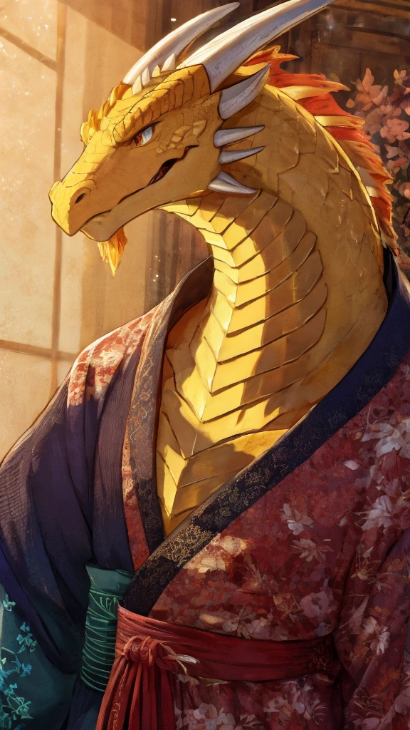 Dragon personification、Yellow scales、Bright expression、Long dragon whiskeren's kimono、Thick neck