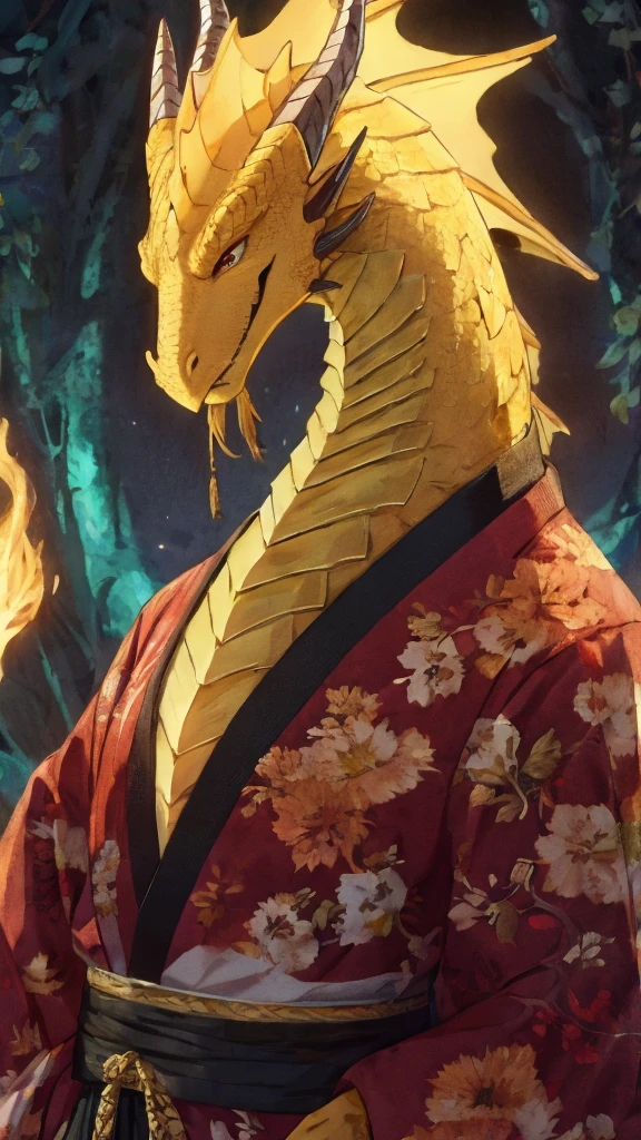 Dragon personification、Yellow scales、Bright expression、Long dragon whiskeren's kimono、Thick neck