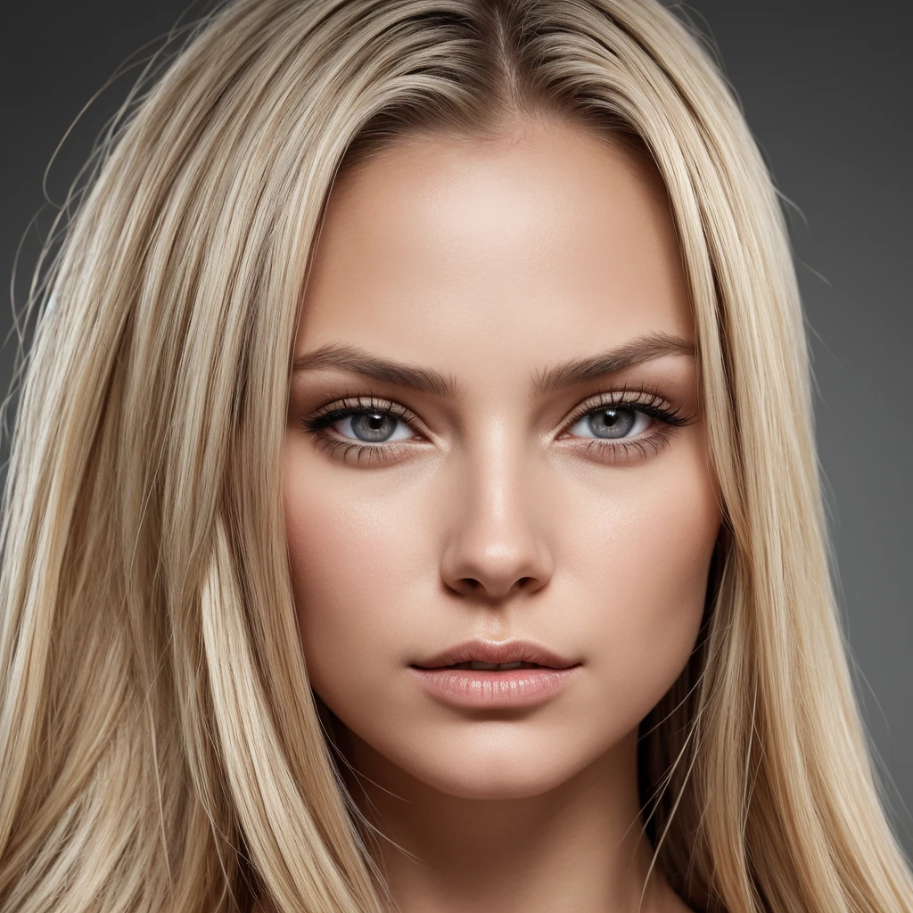 Frontal photographs of a blonde woman with gray eyes with some skin defects on her face, long hair 