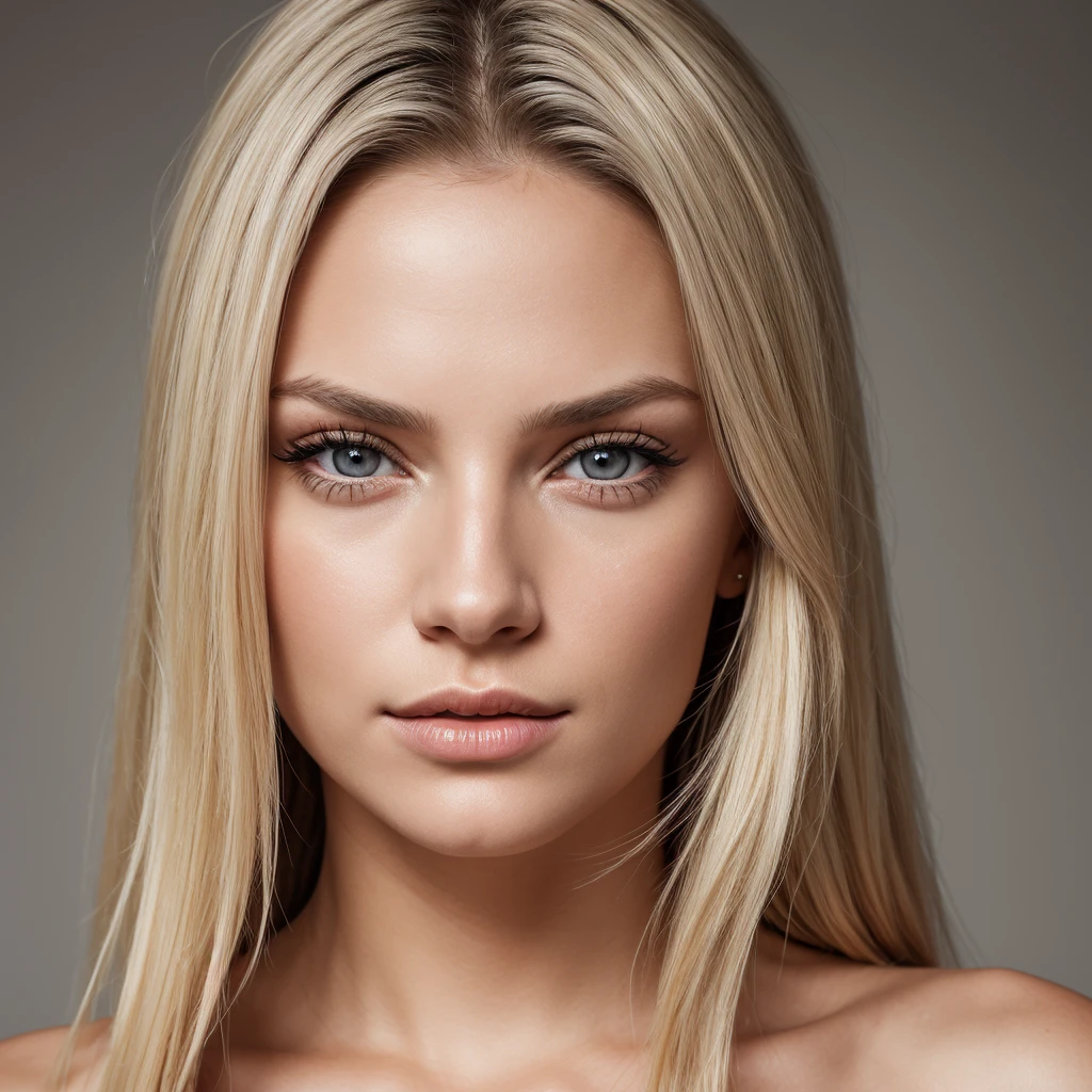 Frontal photographs of a blonde woman with gray eyes with some skin defects on her face, long hair