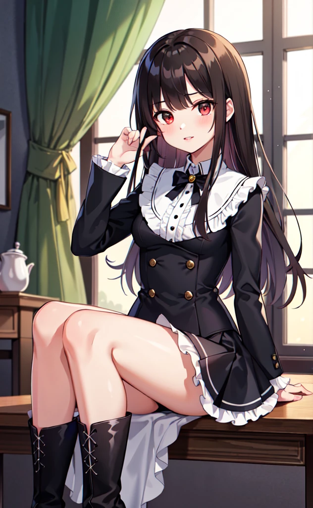 (Highest quality,High resolution,Beautiful attention to detail,White lighting:1.2),Red eyes, View your viewers, Long Hair, Black Hair, Knee-high boots, Black footwear, blush, Sitting, Long sleeve, bangs, Part your lips, Black Hair, dress, Raise your knees, Brown Hair, white skirt, Frills, skirt,Thighs, Side Lock,