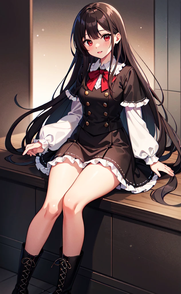 (Highest quality,High resolution,Beautiful attention to detail,White lighting:1.2),Red eyes, View your viewers, Long Hair, Black Hair, Knee-high boots, Black footwear, blush, Sitting, Long sleeve, bangs, Part your lips, Black Hair, dress, Raise your knees, Brown Hair, white skirt, Frills, skirt,Thighs, Side Lock,
