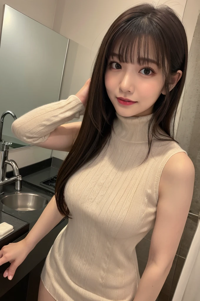 Highest quality masterpiece 8K Ultra-detailed Face Blonde Full body photo Cute pose Sexy Photos Focus on the face Professional Lighting Vivid Photos Ecstatic expression Sex appeal Glossのある濡れたカラスの毛 Gloss Cute and sly Droopy eyes Absurd Heavy bangs A wide variety of skin tones White sweater dress Thighs Selfie turtleneck Thighs Mirror photo Reflected in the mirror No sleeve Sleeveless sweater