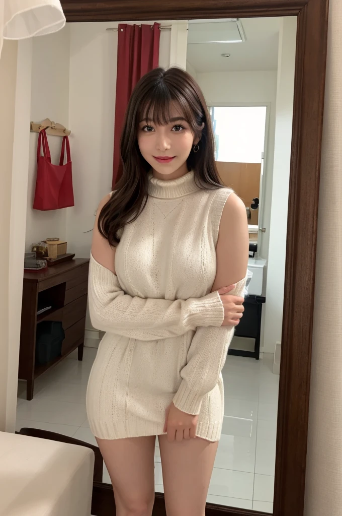Highest quality masterpiece 8K Ultra-detailed Face Blonde Full body photo Cute pose Photos Focus on the face Professional Lighting Vivid Photos Ecstatic expression Sex appeal Glossのある濡れたカラスの毛 Gloss Cute and sly Droopy eyes Absurd Heavy bangs A wide variety of skin tones White sweater dress Thighs Selfie turtleneck Thighs Mirror photo Reflected in the mirror No sleeve Sleeveless sweater