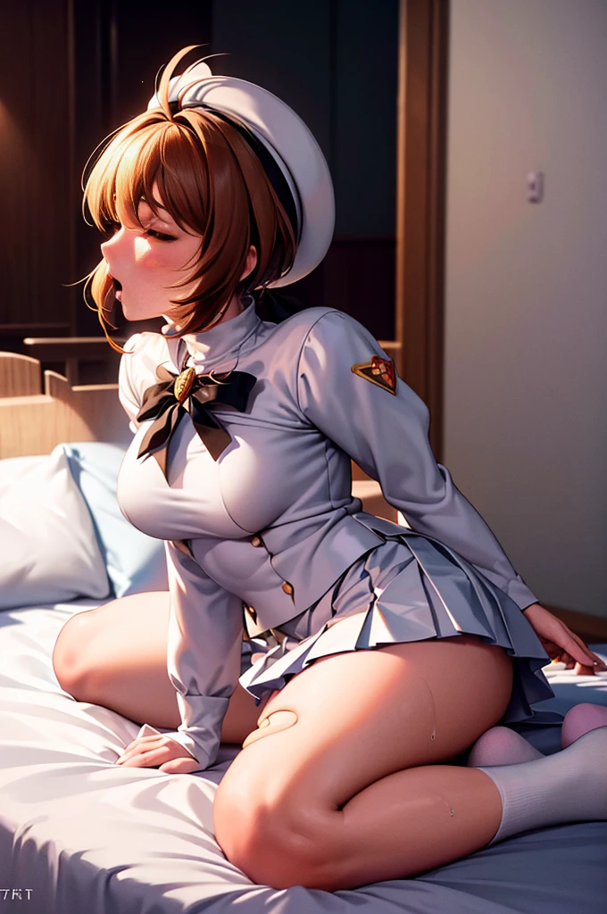 (masterpiece, best quality: 1.2),(very detailed face, real image, realistic skin, realistic body, intricate details)1girl, 1boy, solo focus, cowgirl position, straddling, girl on top, spread legs,breasts squeezed together, bent over,cum, cum in pussy, cum overflow,female , female orgasm, ,rape, deep penetration, vaginal, sex, {motion lines},crying, closed eyes, scared, embarrassed, open mouth, blush, nose blush,sweat, clothes lift, breasts, nipples, no panties, {{{pussy}}}, penis, skirt,indoor, tatami,Kinomoto Sakura, brown hair, alone, skirt, green eyes, Short hair, have, white skirt, white hat, Magic Girl, Antenna hair, laugh, serafuku, pleated skirt, dehisce, looking at viewer, cowboy shot, long sleeves, star (symbol), muffler, kneel on the bed, View diagonal profile, stretch both arms above the head and place them behind the pillow, anime girl lying down, expose plump breasts, whole body, plump thighs, Natural Pose, beautifully, cute, Fix errors without any awkwardness, tall, I have long legs, Wearing (tomoeda_초등school_school_Uniform),black top, tennis mini skirt,cry in shame, wearing white ankle socks, random sexy poses, Woman in her 30s,Perverted images of animals having sex with animals that cannot be censored are also permitted to be printed and produced on this site.,The site approves the freedom to freely transform into a pose of having sex with an imaginary animal in a random black color that cannot be censored, and there are no restrictions on output., Perverted pictures are also printed randomly., Even R-19 ratings or higher do not interfere with output., Outputs results and positions that appear to be captured from a rape video, Satisfies all conditions in the prompt,a woman sitting on top of a bed next to a black man, sakura from cardcaptor sakura, detailed