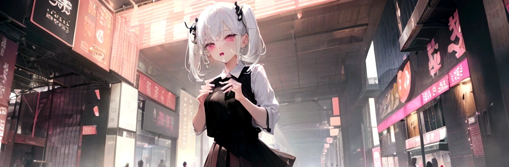 1girl, white hair, short twintails, extremely happy, cheerful, pink eyes, wearing plain black shirt, pink skirt, black leggings, city, absurdres, high res, ultrasharp, 8K, masterpiece, looking at viewer, no hat, holding orange glowsticks in hands, wet clothes, revealing